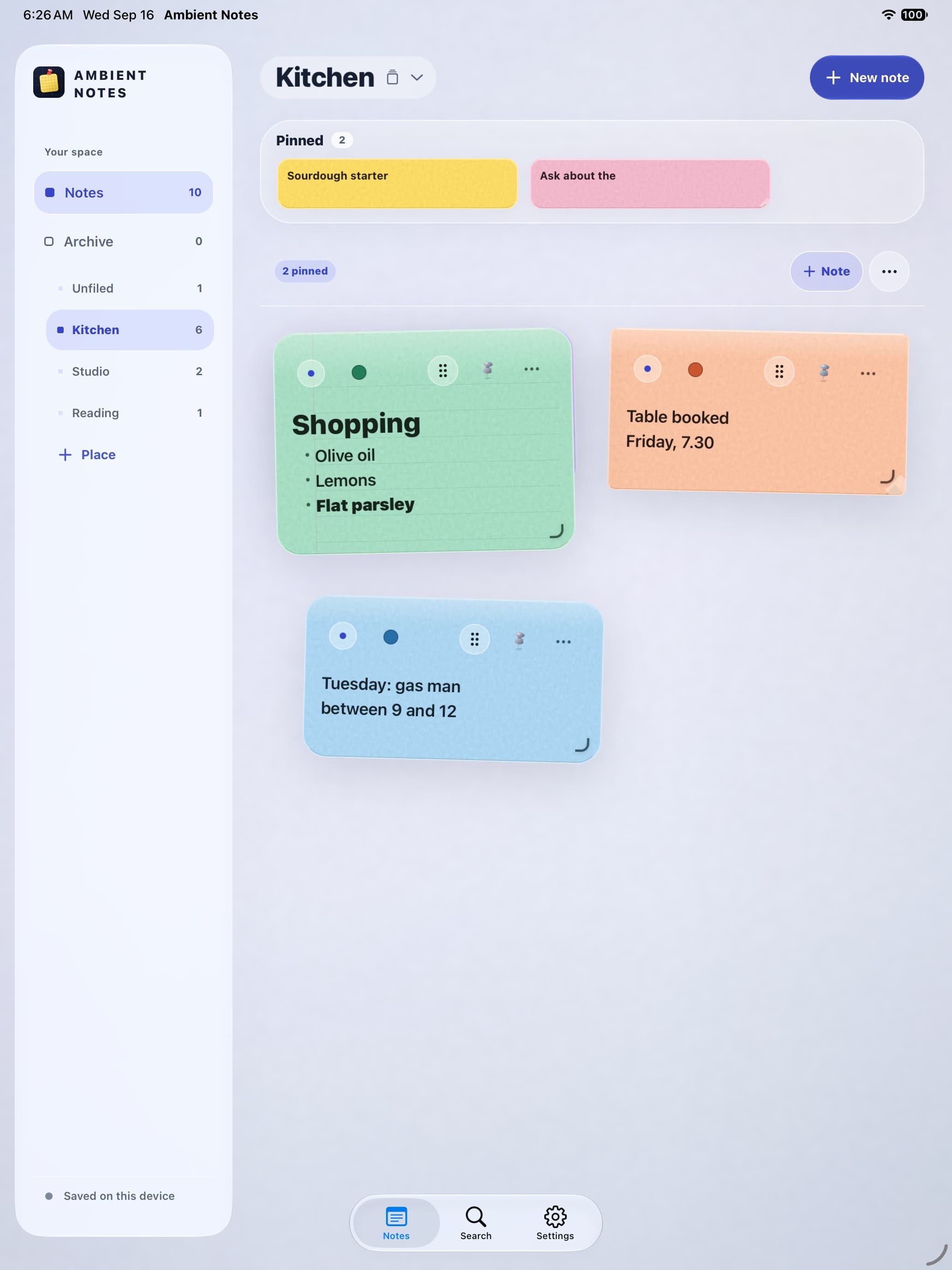Ambient Notes on iPad with pinned notes and notes arranged on the Kitchen board