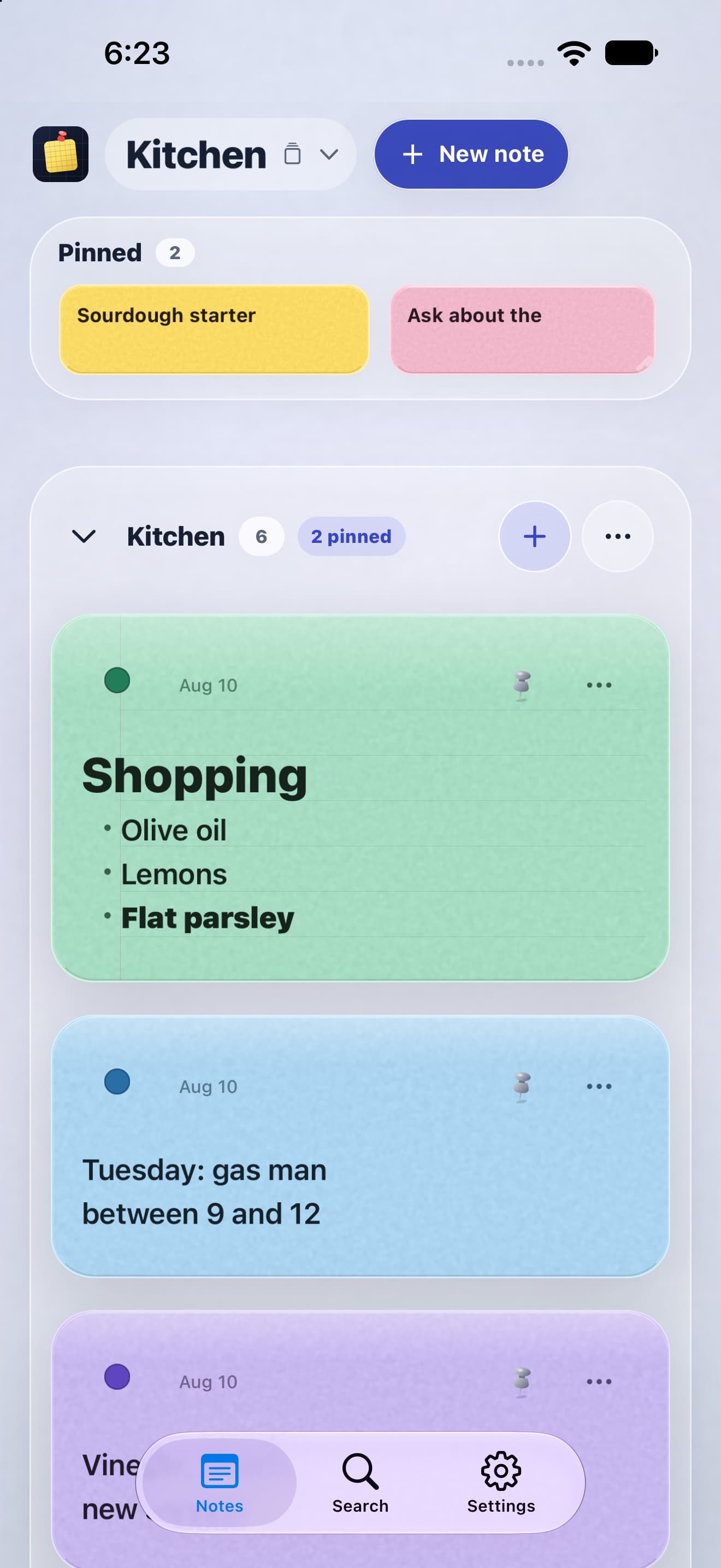 Ambient Notes on iPhone showing pinned notes and a Kitchen place